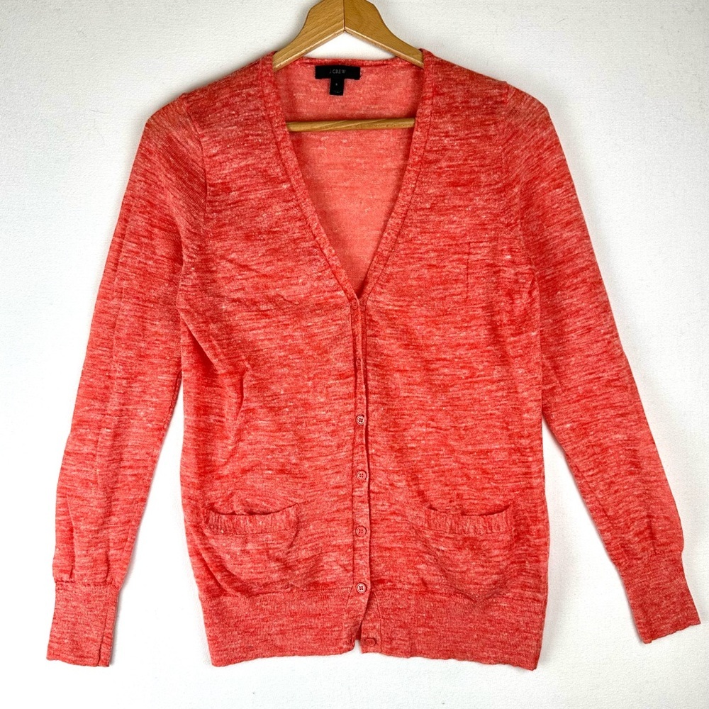 J Crew Linen‎ Blend V-Neck Button Cardigan Sweater Lightweight Preppy Office